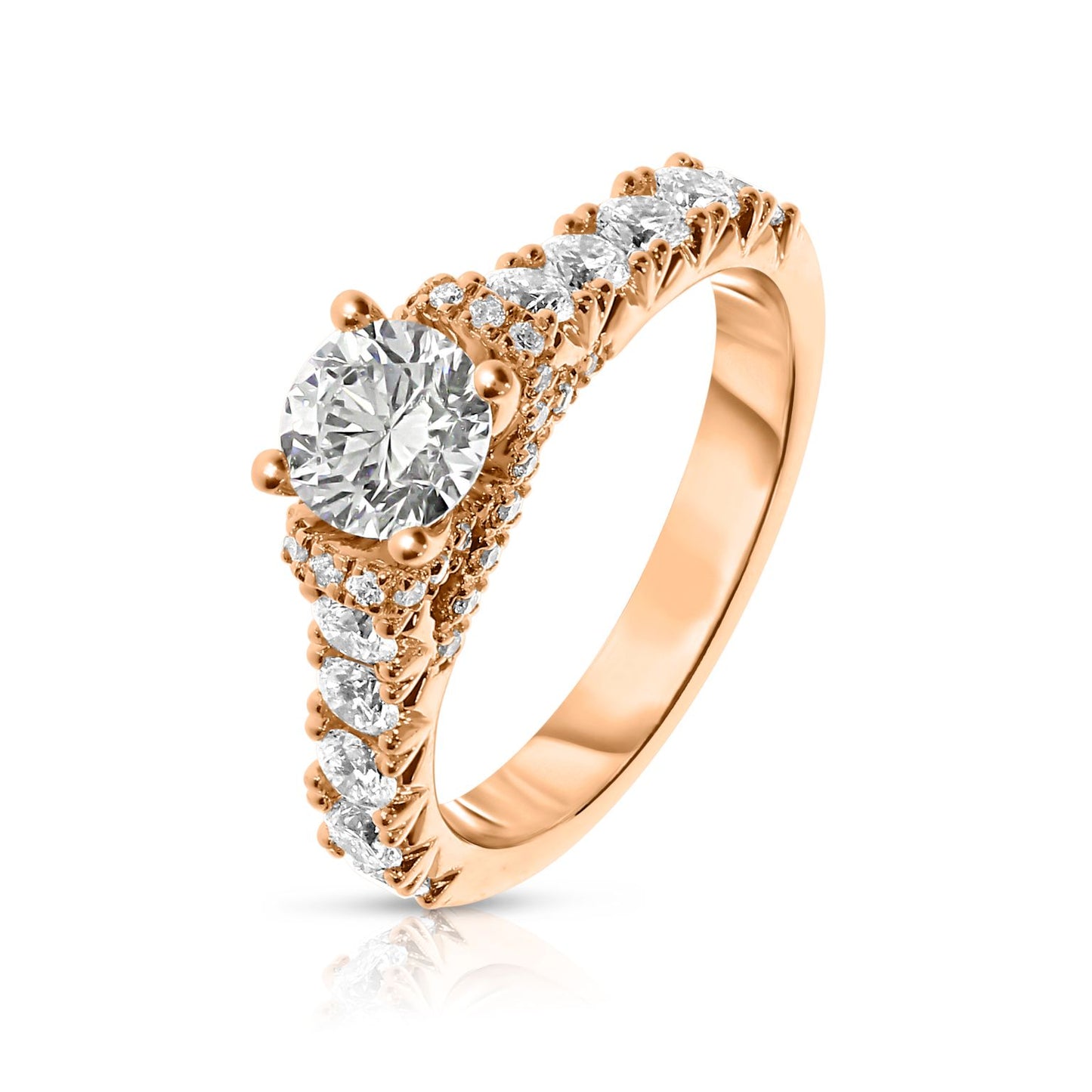 Discover celestial beauty with the Celestial Radiance ring, featuring a round-cut diamond and sidestones. Crafted in Gold. Perfect for engagements or special milestones.