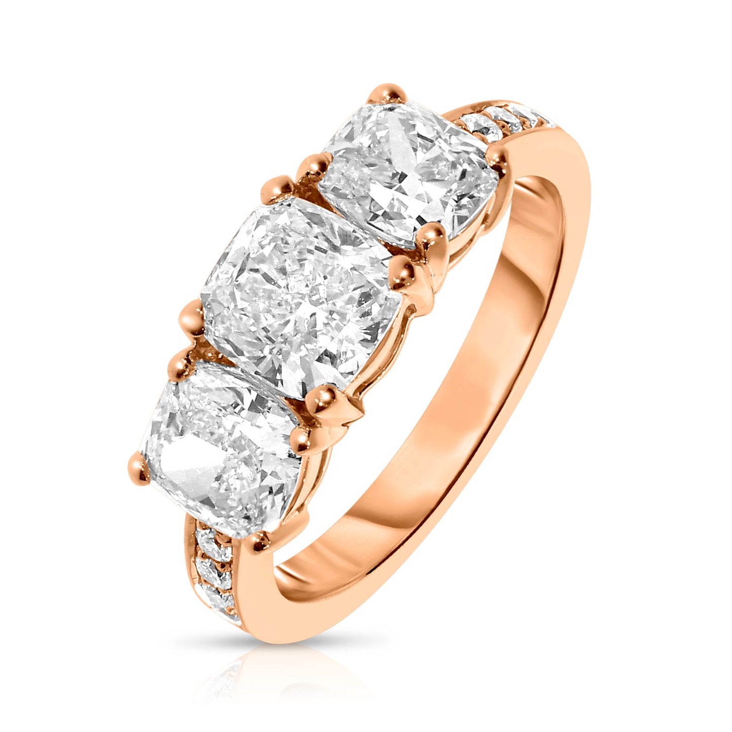 Discover the mystical allure of the Celestial Trio Gold Sidestone Ring. Featuring three cushion-cut diamonds that symbolize the past, present, and future, this ring epitomizes eternal love. A perfect choice for engagements, anniversaries, or commemorating significant life moments.