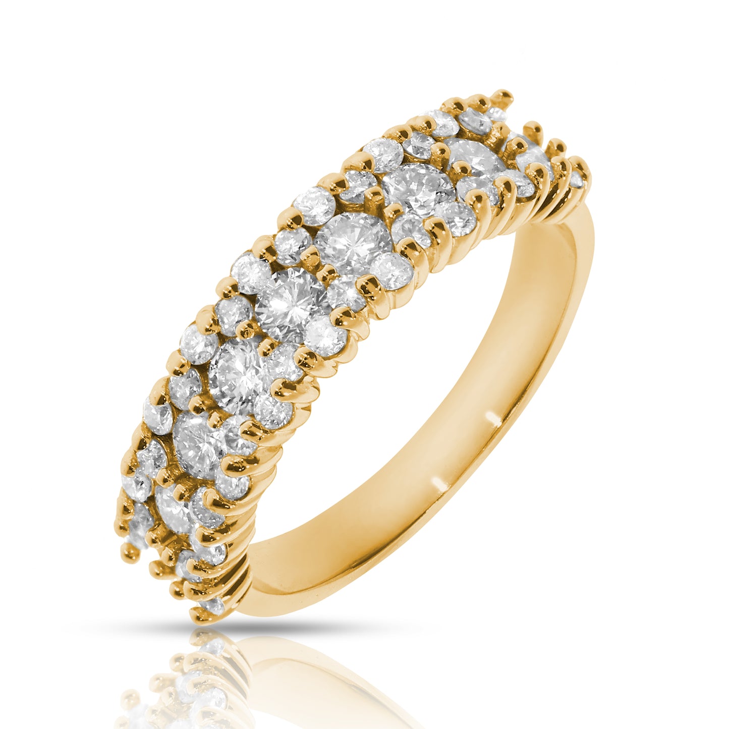 An ode to the infinite beauty and timeless allure of the cosmos, this gold ring embodies the grace of 'Celestial Eternity.' Adorned with a radiant constellation of round-cut diamonds, it captures the luminous essence of eternity, symbolizing unending love and eternal connection. The exquisite design enchants with its delicate brilliance, making it a perfect choice for celebrating a lifetime commitment, or a treasured gift to commemorate a significant milestone in one’s journey.