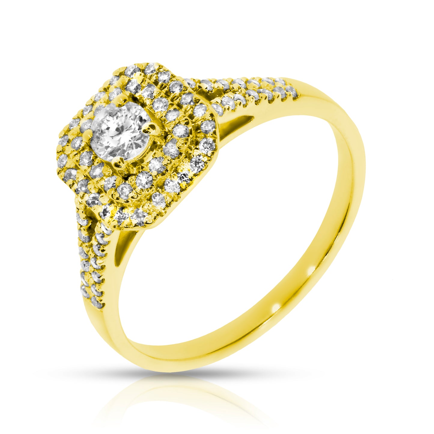 The "Eternal Halo" ring celebrates endless devotion with a gold band and a dazzling round-cut diamond, surrounded by a halo of shimmering stones. This elegant design is perfect as an engagement ring or a token of self-admiration.