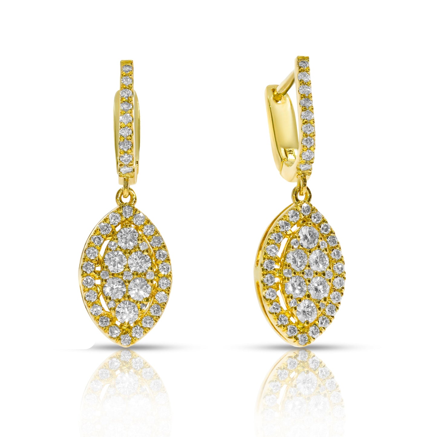 Embrace the celestial allure with our 'Fragments of the Moon' diamond drop earrings, designed to reflect cosmic beauty with a cascade of round-cut diamonds in a marquise silhouette, perfect for elegant milestones or timeless gifts.