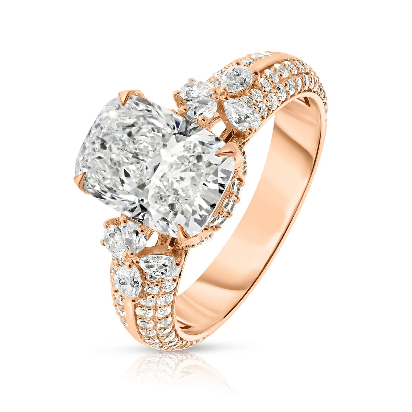 Discover the 'Twilight Oasis' ring, an elegant masterpiece with a cushion-cut diamond, sidestones, set in Gold. Perfect for marking milestones or personal celebrations.