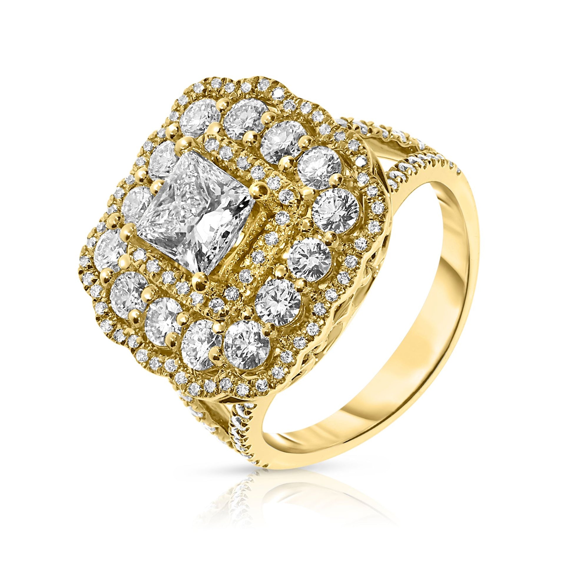 Embrace celestial beauty with the Eclipse of Radiance gold halo ring, featuring a captivating princess-cut diamond surrounded by a halo of sparkling gems. Perfect for engagements, anniversaries, or celebrating life's milestones.