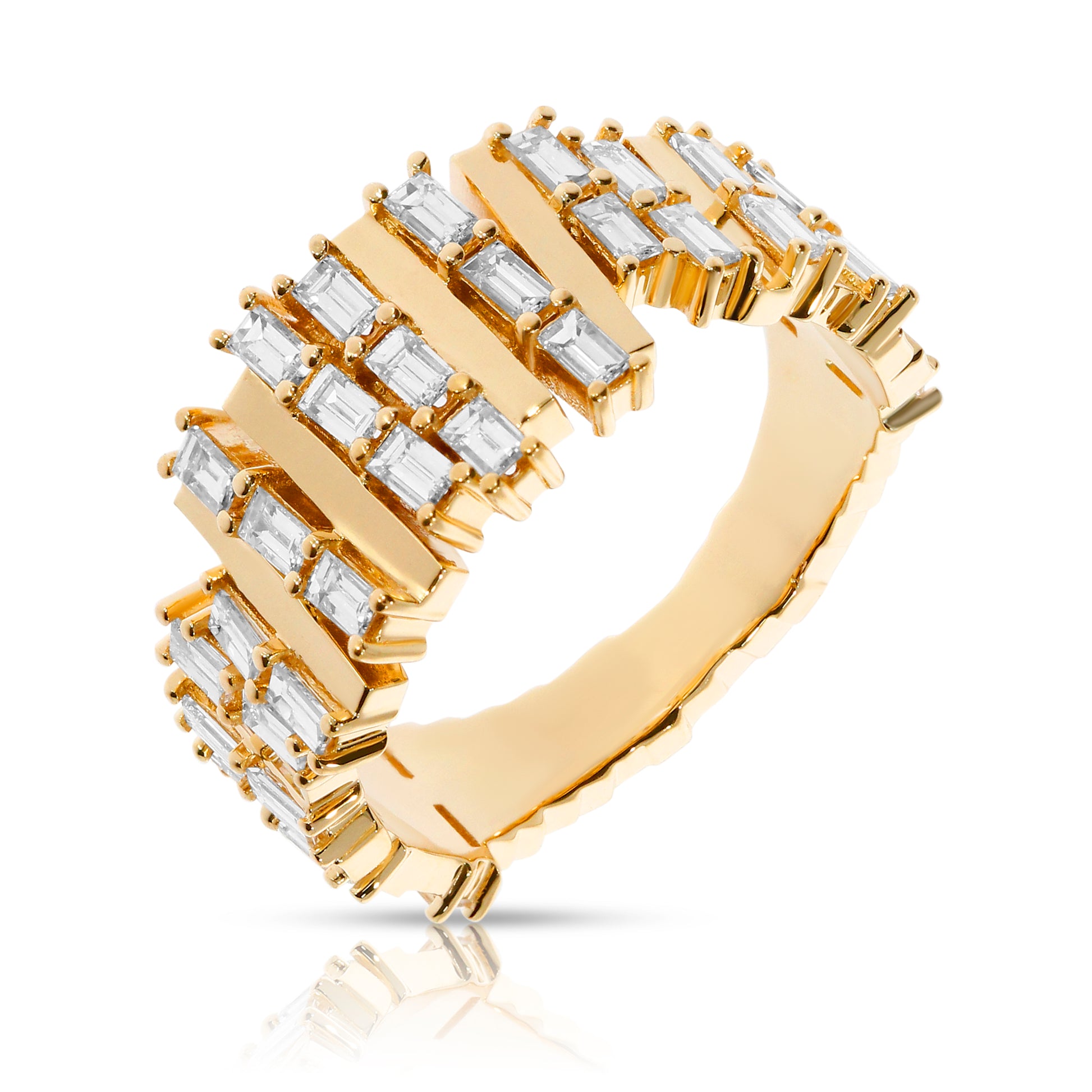 Embrace the elegance of infinity with 'The Celestial Hymn,' an eternity ring crafted in lustrous gold. Adorned with baguette-cut diamonds, the piece is a shimmering band reminiscent of constellations, embodying harmony and timeless love. Ideal for anniversaries or special milestones.