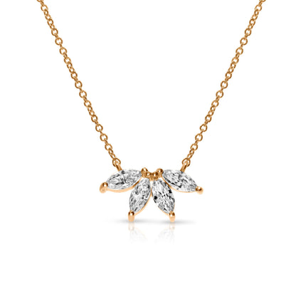 Embodying the ethereal grace of angelic flight, this gold necklace presents a stunning array of marquise-cut diamonds meticulously arranged to evoke the elegant form of wings, echoing the serene majesty of the heavens.