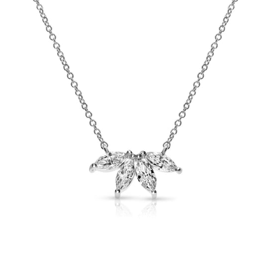 Embodying the ethereal grace of angelic flight, this gold necklace presents a stunning array of marquise-cut diamonds meticulously arranged to evoke the elegant form of wings, echoing the serene majesty of the heavens.