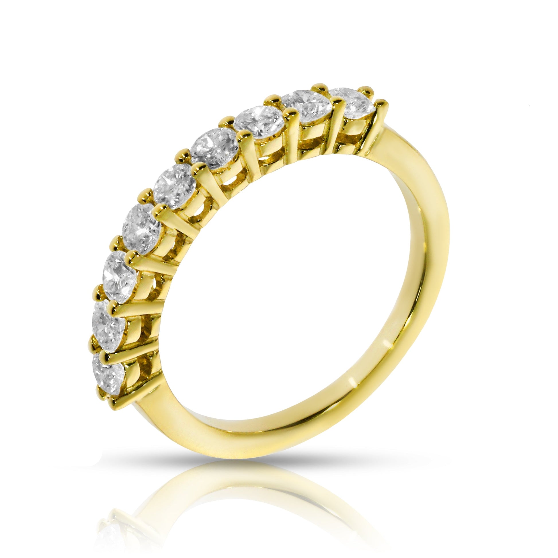 Discover the 'Eternal Cosmos' Gold eternity ring, featuring round-cut diamonds set like stars in the night sky. Symbolize eternal love and milestones.