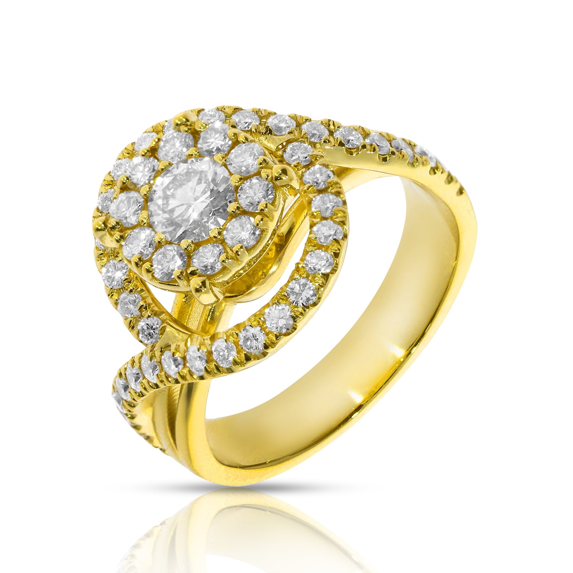 Discover the Ethereal Halo ring in Gold, featuring a luminous round-cut diamond encircled by smaller diamonds, perfect for engagements.