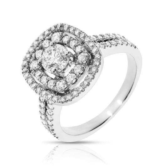 Embrace the enchanting allure of the night sky with the "Lunar Halo" ring, crafted in luminous gold, featuring a radiant round-cut diamond and smaller stones. A symbol of everlasting love and celestial elegance, perfect for engagements.