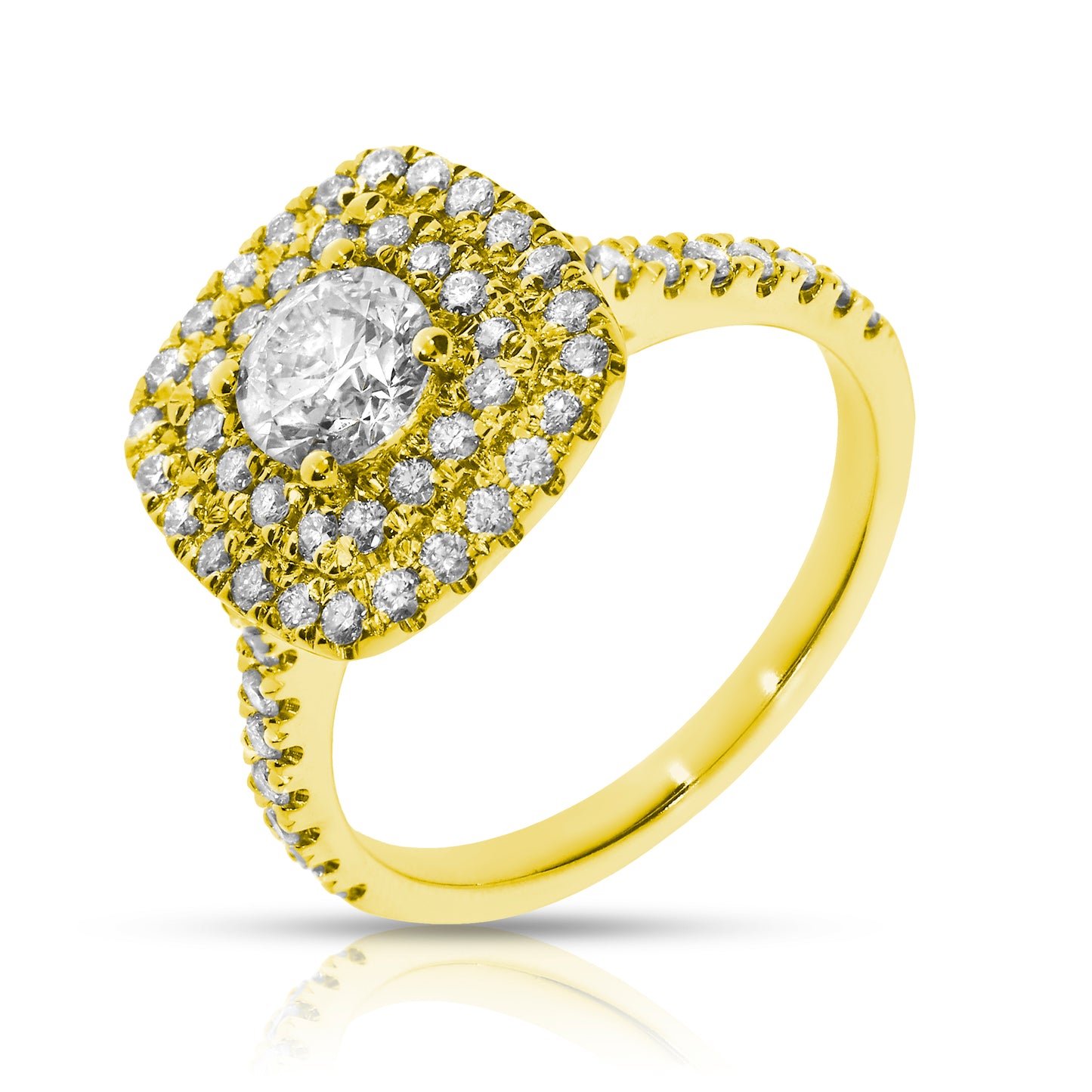 Experience heavenly beauty with the Celestial Halo ring. Crafted in polished gold, it features shimmering diamonds and a central star-like diamond. Perfect for commemorating life's special moments.
