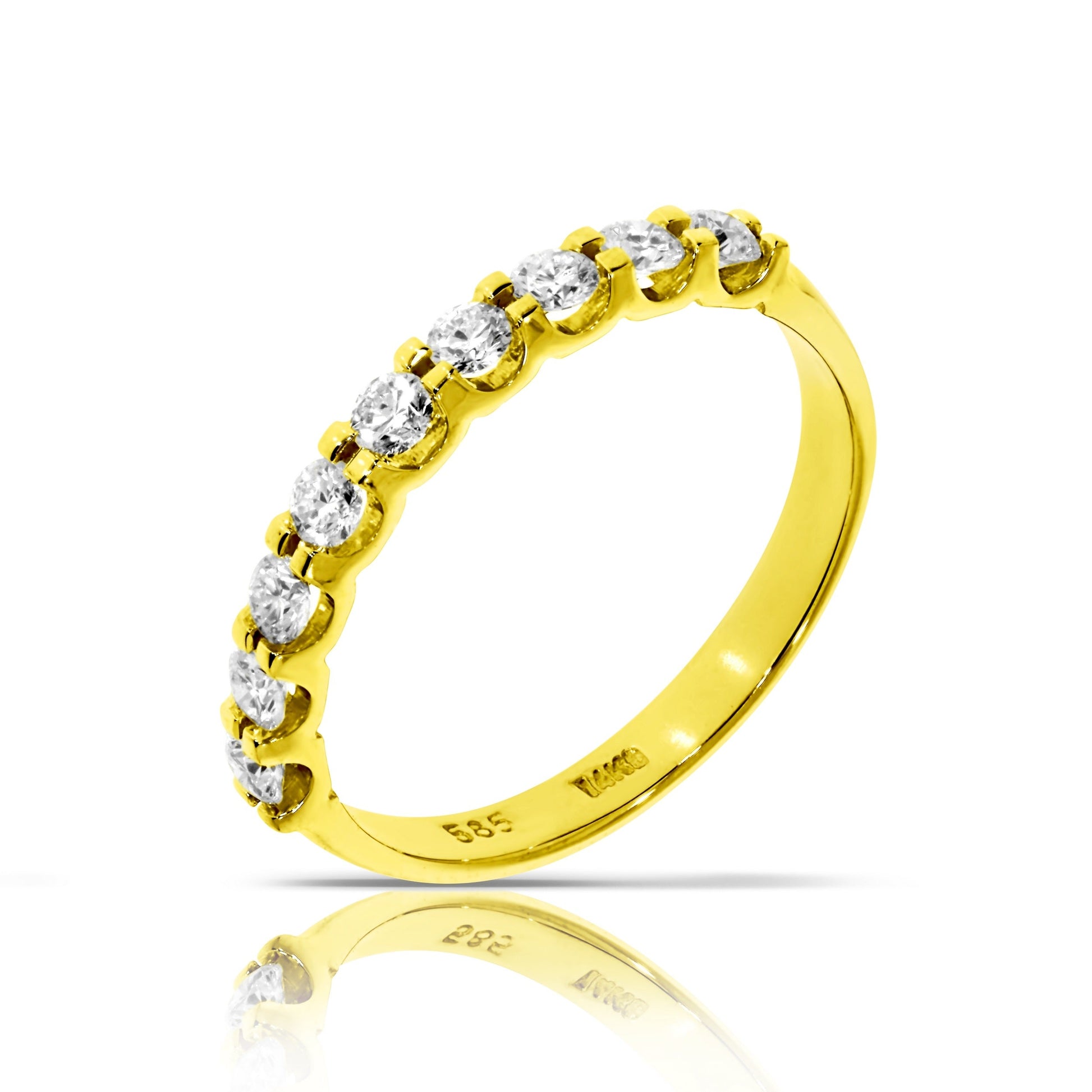 Reflecting the infinite beauty of enduring love, the 'Eternal Radiance' Gold eternity ring is adorned with brilliant round-cut diamonds, symbolizing an unbroken promise of devotion. Perfect for anniversaries or vows of infinite love.