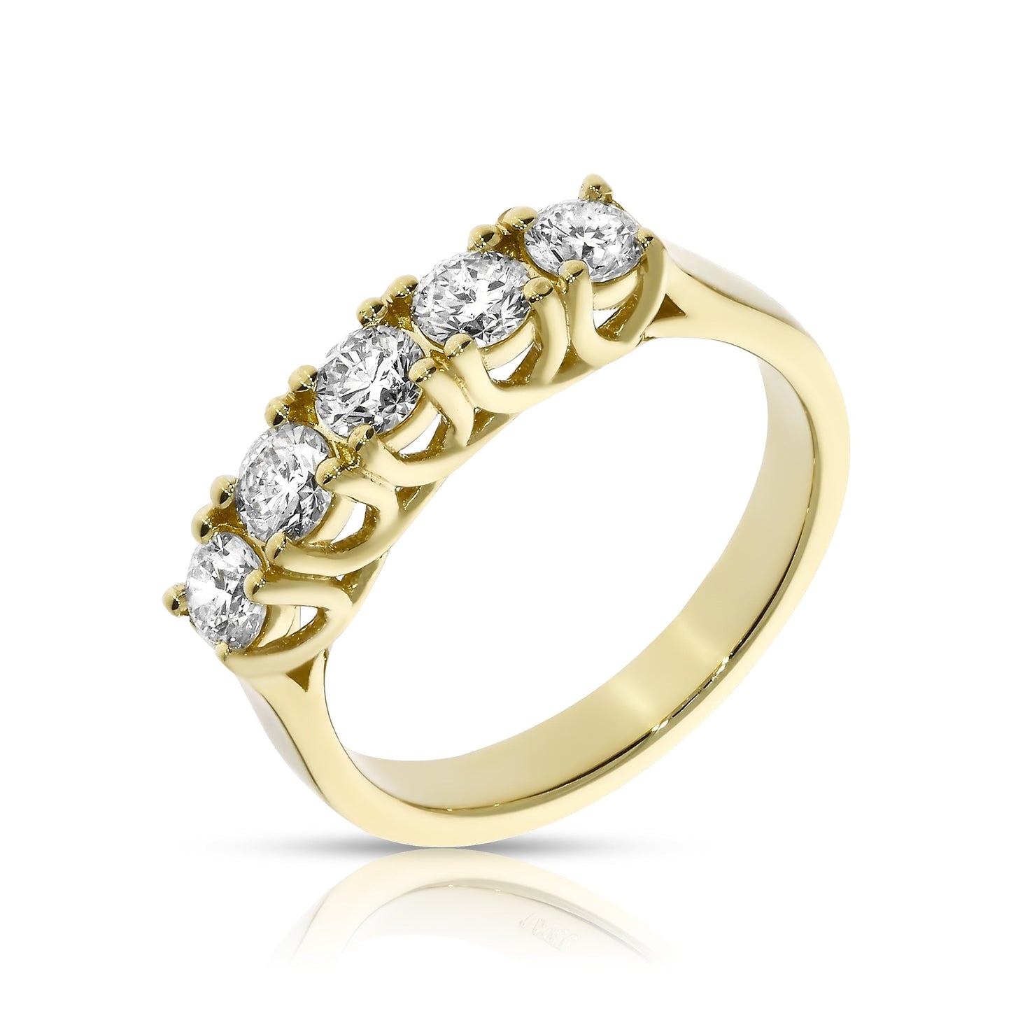 Celebrate the cosmic dance of unity with the 'Harmony of the Spheres' eternity ring. This exquisite gold band is adorned with a constellation of radiant round-cut diamonds, symbolizing timeless continuity of love and harmony. Ideal for commemorating everlasting love and marking milestones of commitment.