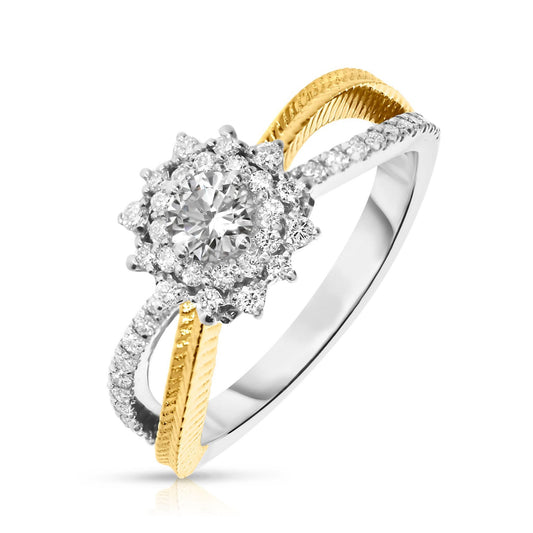Discover the Celestial Harmony ring, meticulously crafted in gold with a diamond halo, perfect for commemorations and personal achievements.