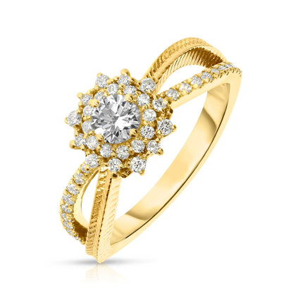 Discover the Celestial Harmony ring, meticulously crafted in gold with a diamond halo, perfect for commemorations and personal achievements.
