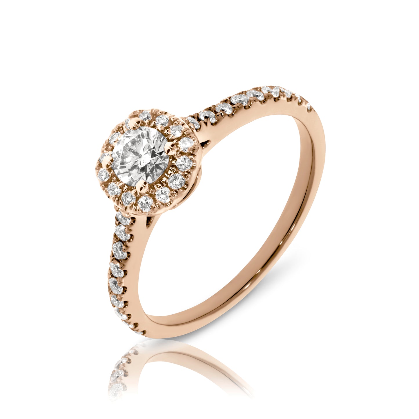 Enchanting gold halo ring with a round-cut diamond surrounded by a smaller diamond constellation. Available in 14K or 18K gold. Perfect for an anniversary or timeless love.