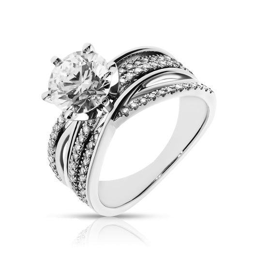 White Gold Sidestone Ring with Round Diamond – Celestial Symphony |