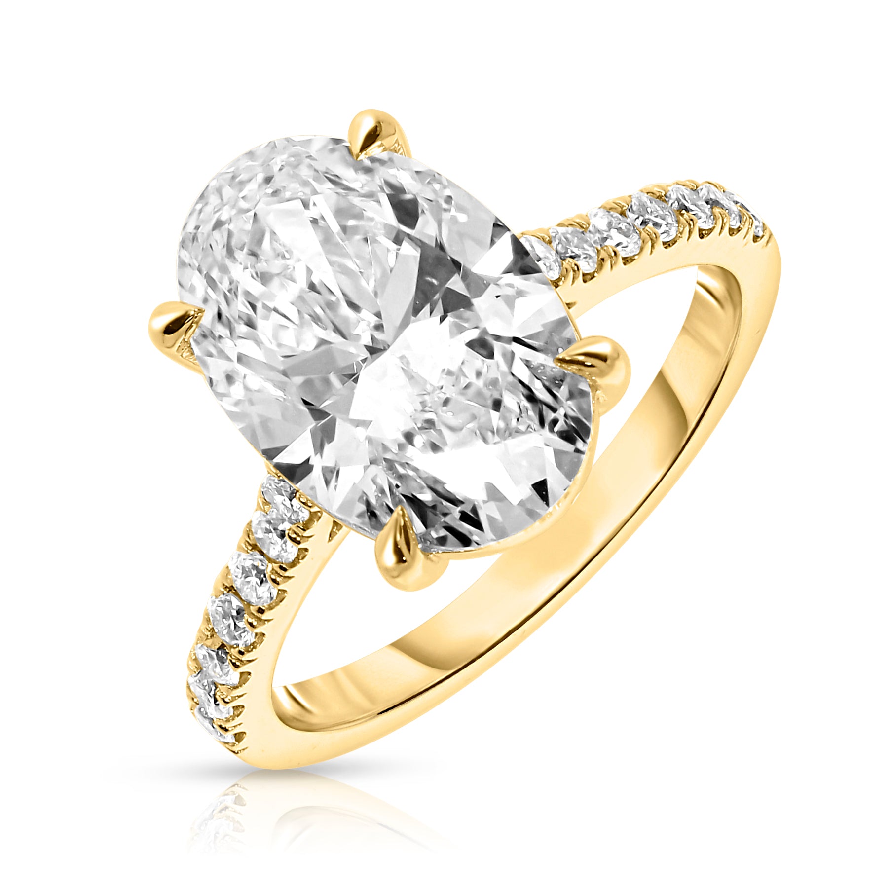 Embrace the ethereal charm of celestial wonders with the 'Celestial Promise.' This Gold sidestone ring is crowned by an enchanting oval diamond, reflecting the timeless beauty of a radiant celestial body. Encircled by sidestones that sparkle like steadfast constellations, this piece promises a lifetime of devotion and heartfelt memories. Ideal for engagements or celebrating an undying commitment, this ring is a testament to love that transcends the cosmos.