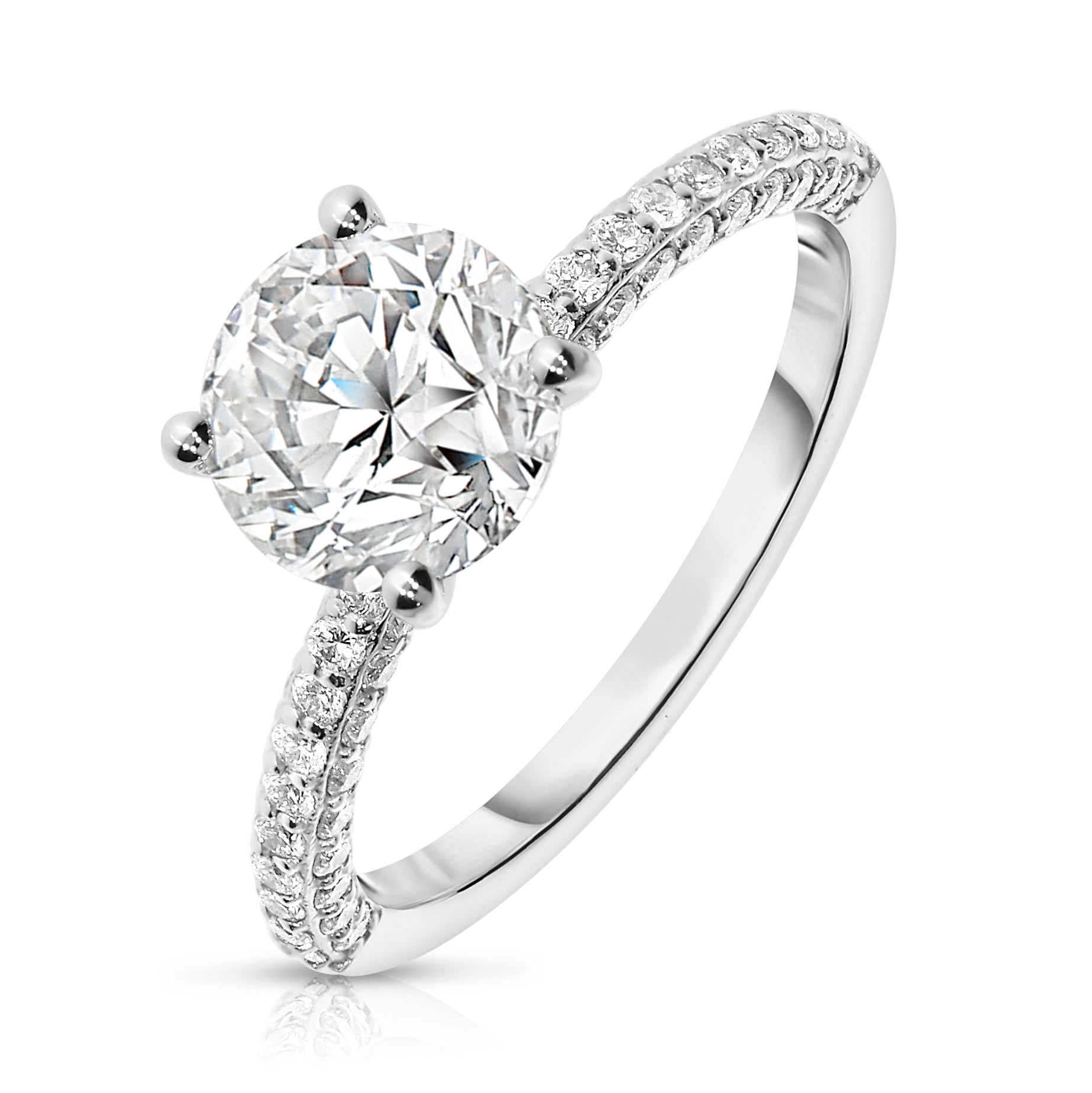 Experience the celestial beauty with the “Celestial Whisper” Gold sidestone ring. Featuring a luminous round-cut diamond and shimmering sidestones, it embodies the serene night sky. Perfect for celebrating love or personal milestones.
