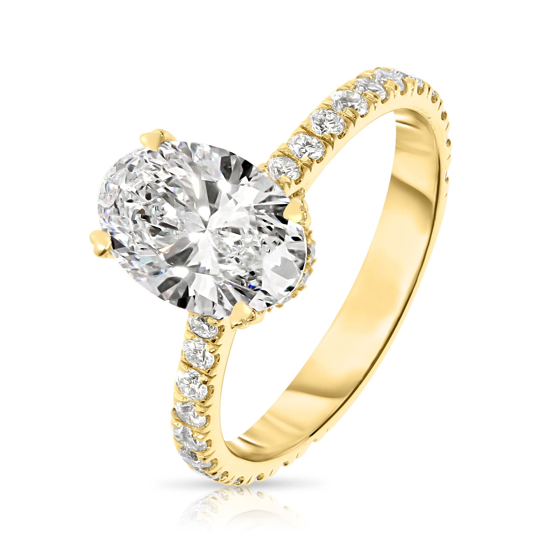 Celebrate eternal love with the 'Celestial Whisper' ring. gold with an elegant oval diamond, surrounded by star-like sidestones. Perfect for unforgettable engagements or anniversaries.