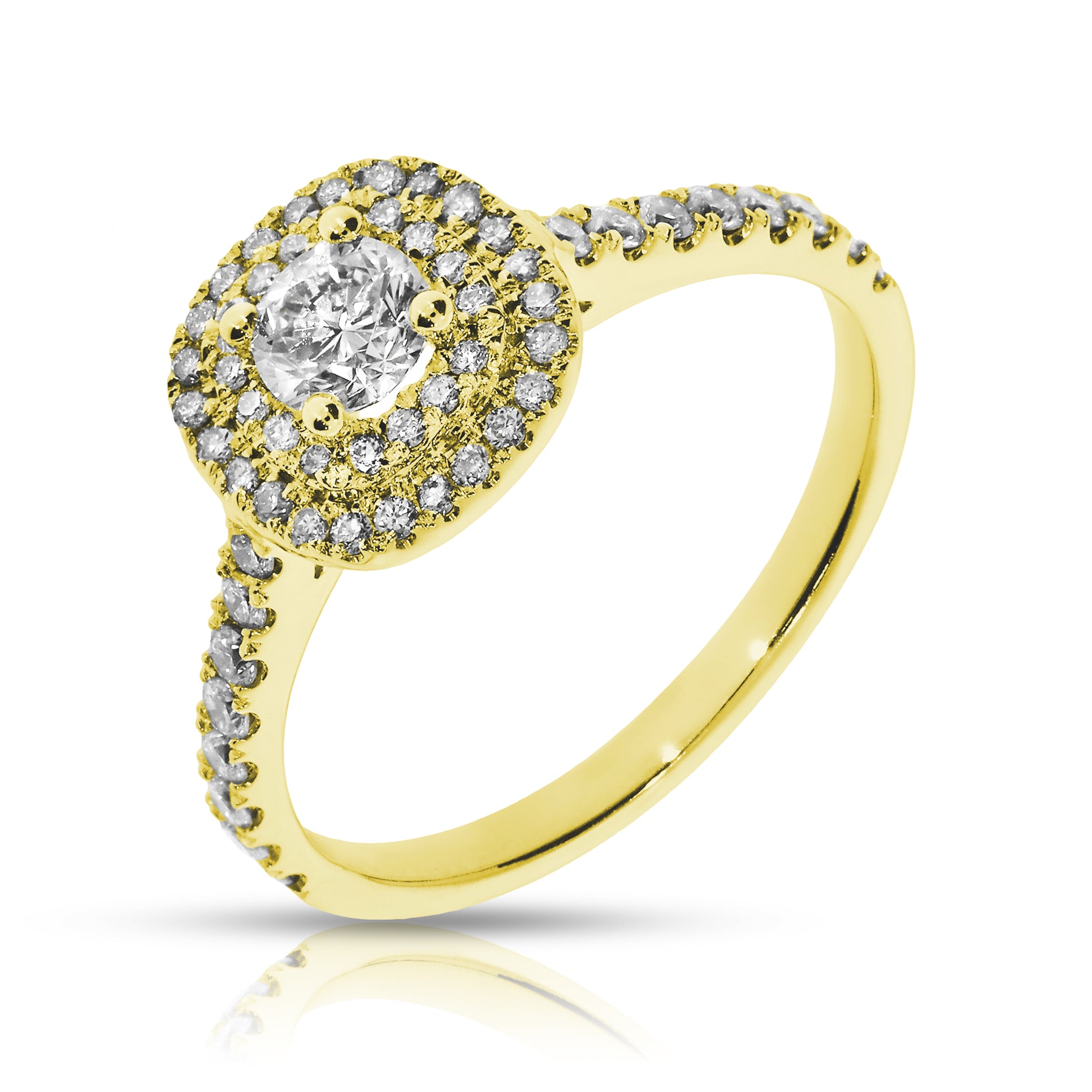The Celestial Harmonia halo ring captures the ethereal beauty of the cosmos with a radiant round-cut diamond in gold. Perfect for milestone celebrations or expressing enduring love.