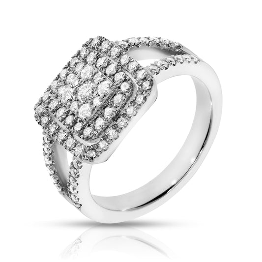 Discover the captivating allure of celestial events with our 'Eclipse Dalliance' gold halo ring. Featuring round diamonds, this ring celebrates life's luminous milestones. Perfect for those who treasure the cosmos.