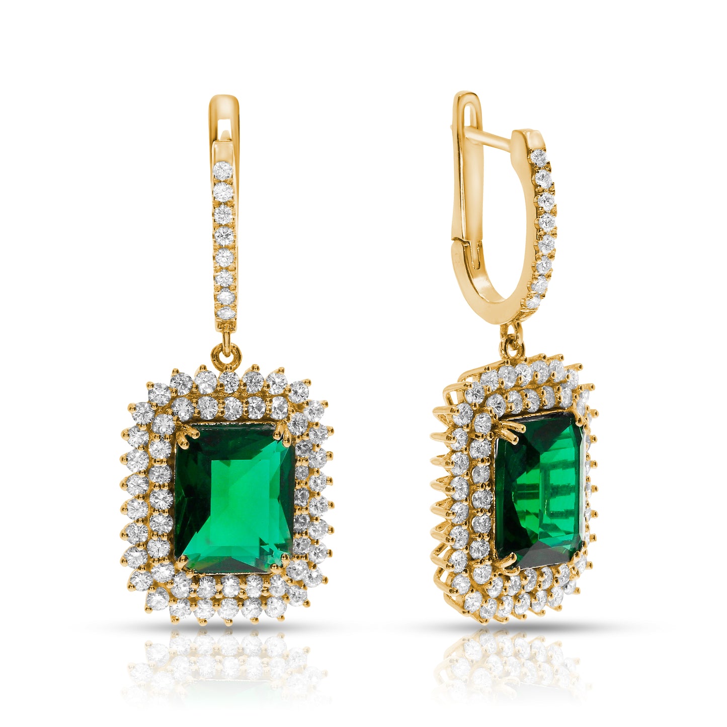 Boucles d'oreilles pendantes en émeraude et diamant 11 carats, rayon de soleil verdâtre