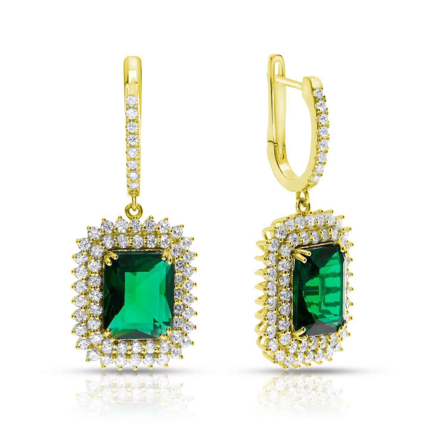 Boucles d'oreilles pendantes en émeraude et diamant 11 carats, rayon de soleil verdâtre
